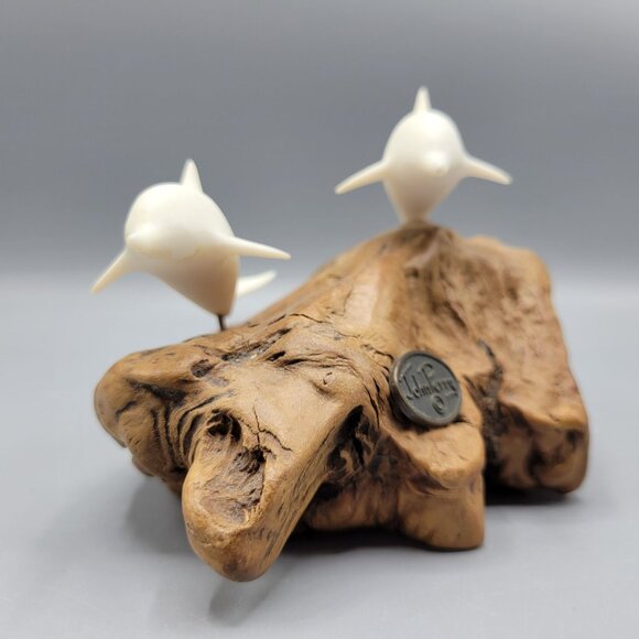 Vintage John Perry White Dolphin Sculpture On Driftwood Base 4" Tall - Picture 5 of 14